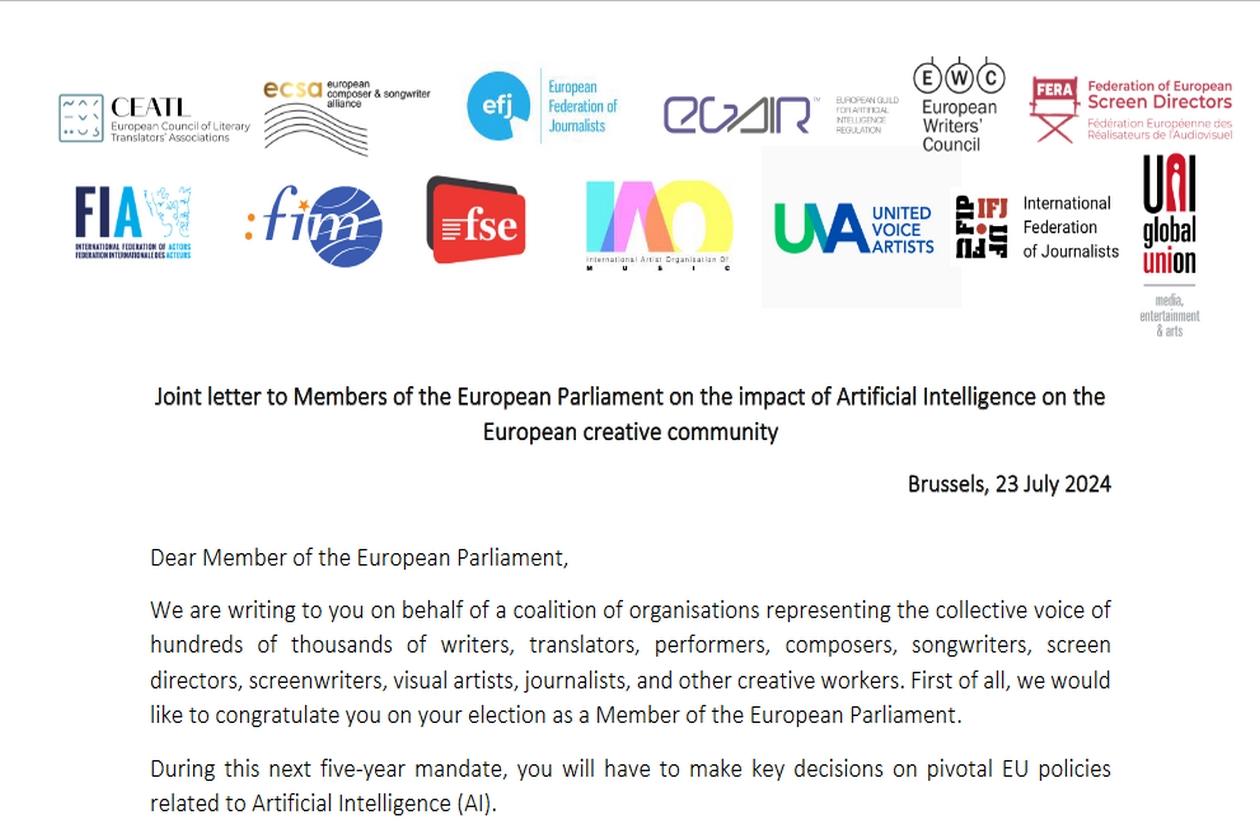 Joint letter to Members of the European Parliament on the impact of Artificial Intelligence on the European creative community